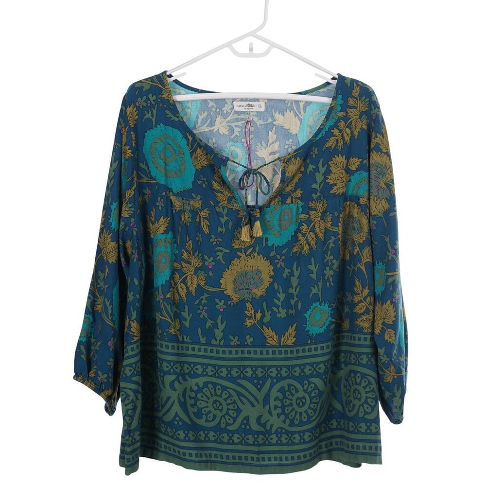 NWOT Natural Life Top XL Blue Floral Tie-Neck 3/4 Sleeve Boho Casual Peasant